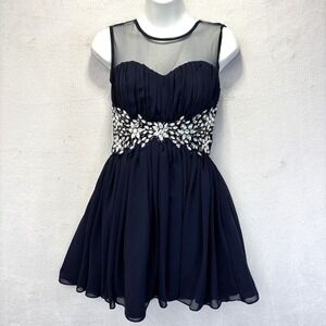 Vintage Y2K Deb Fit & Flare Mini Dress Juniors 3/4 Navy Blue Chiffon Rhinestone